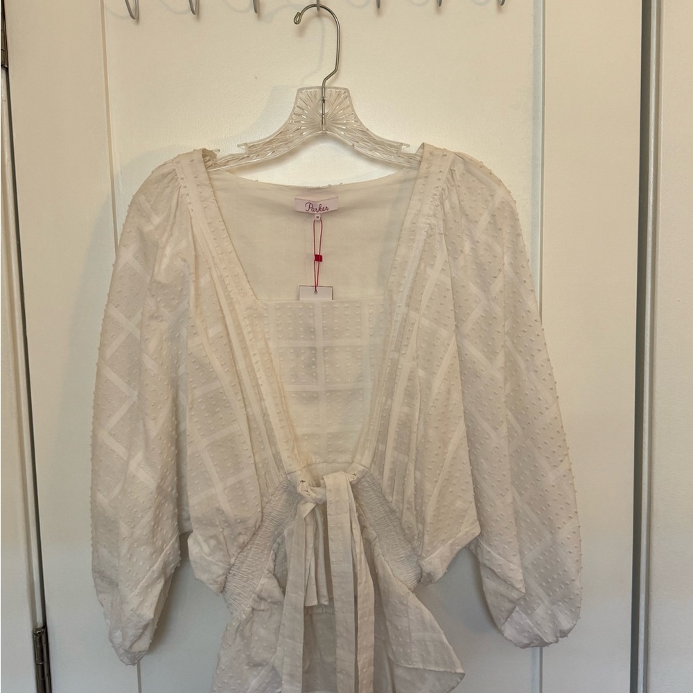 White Textured Tie Blouse